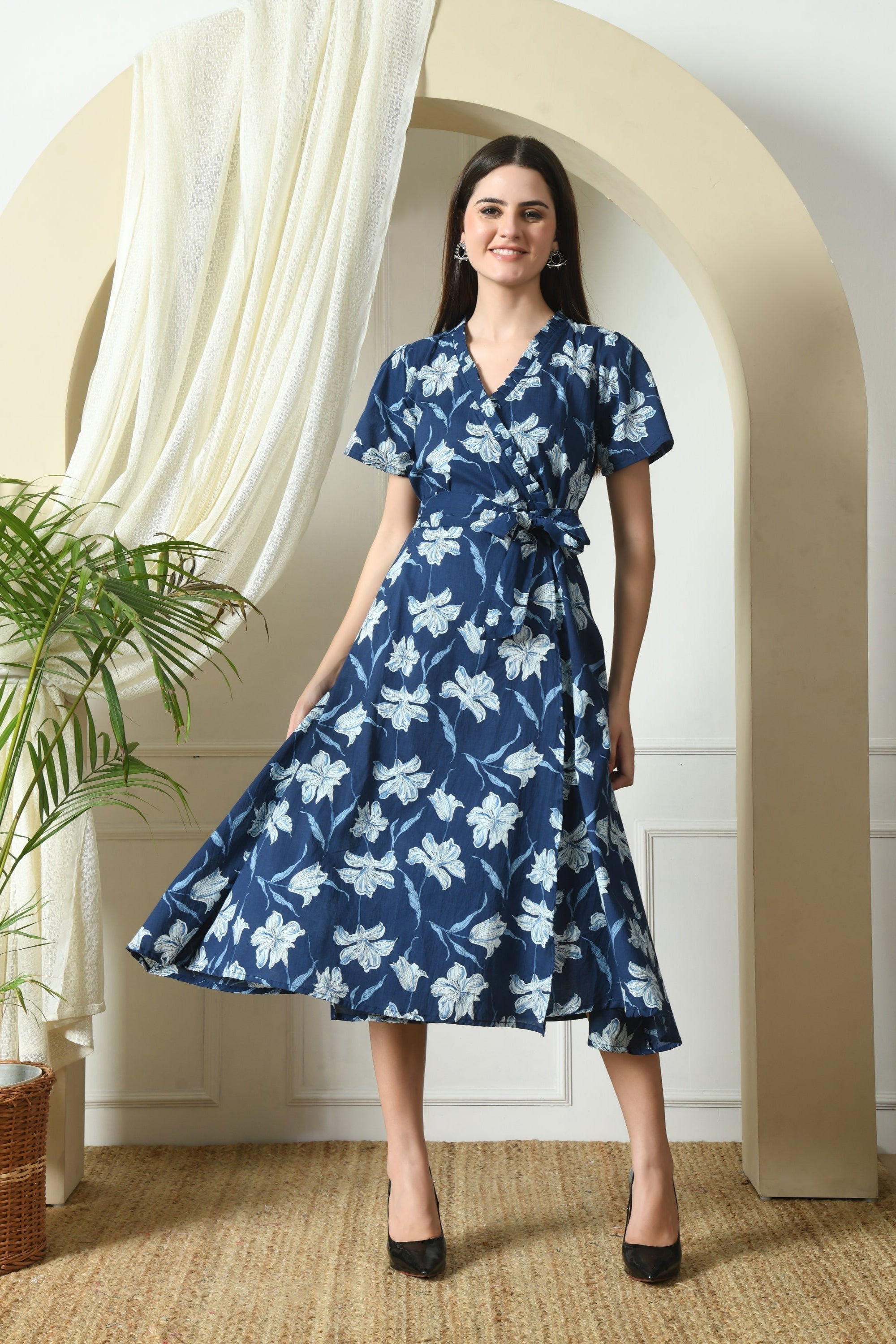 Indigo Floral Wrap Dress