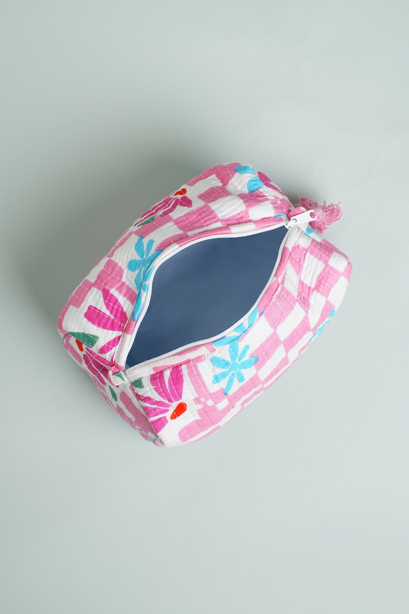 Pink Check Floral Quilted Pouches (Set of 3)