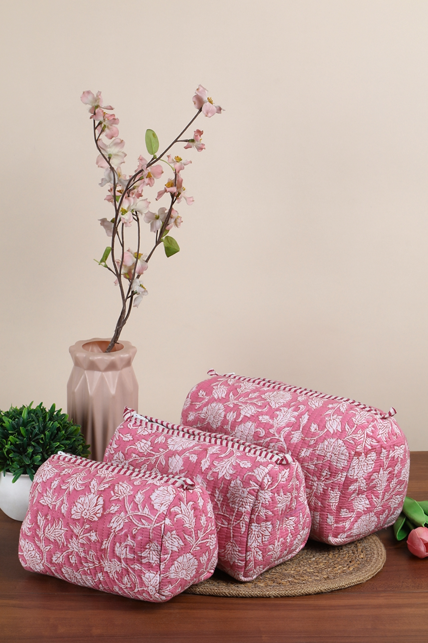 Rosy Quilted Tote Bag with Set of 3 Pouches