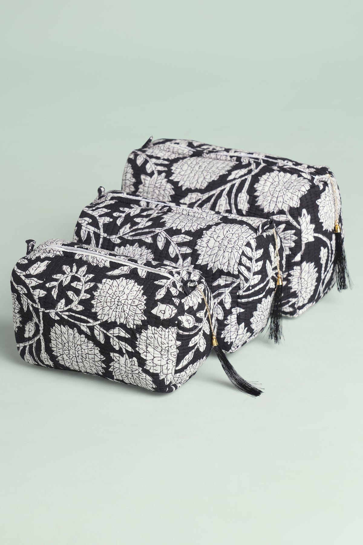 Monochrome Bloom Quilted Pouches (Set of 3)