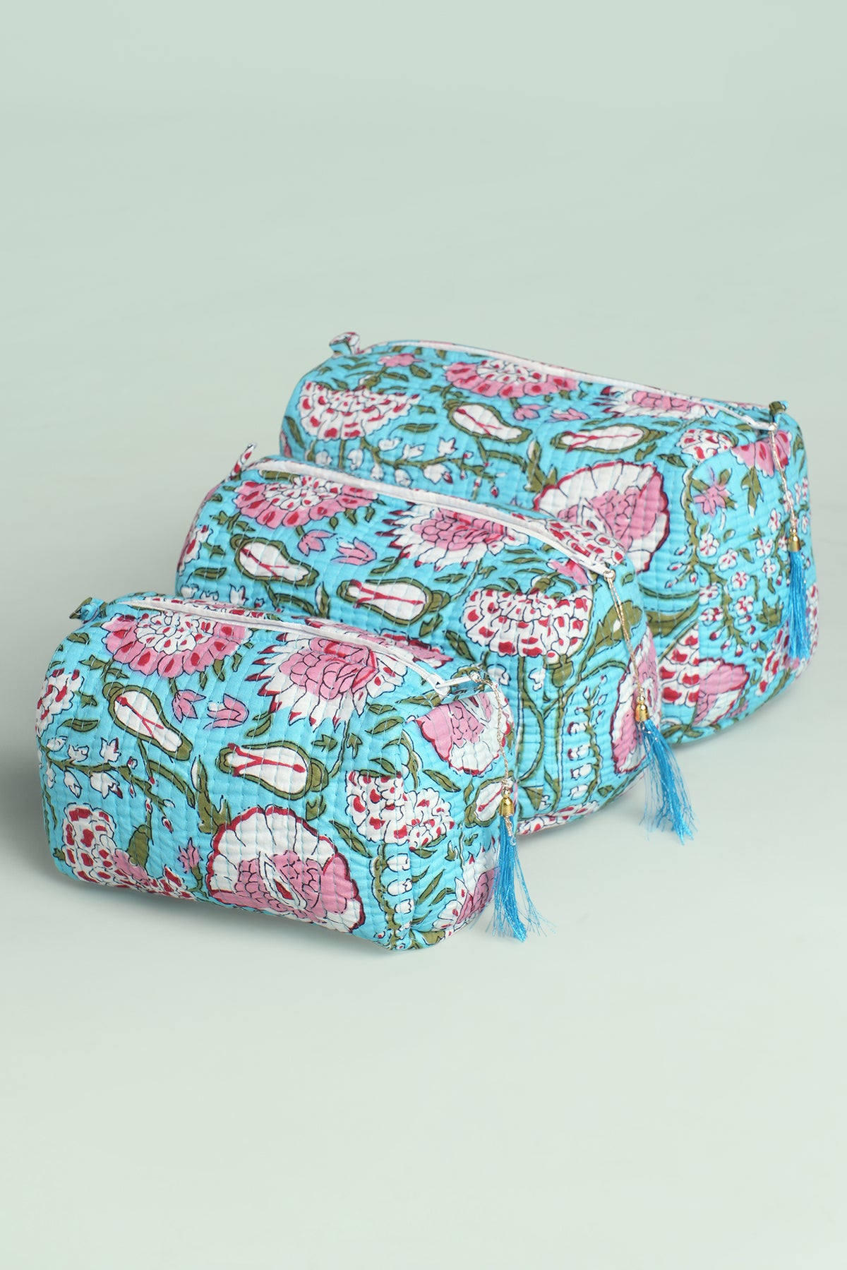 Aqua Floral Quilted Pouches (Set of 3)