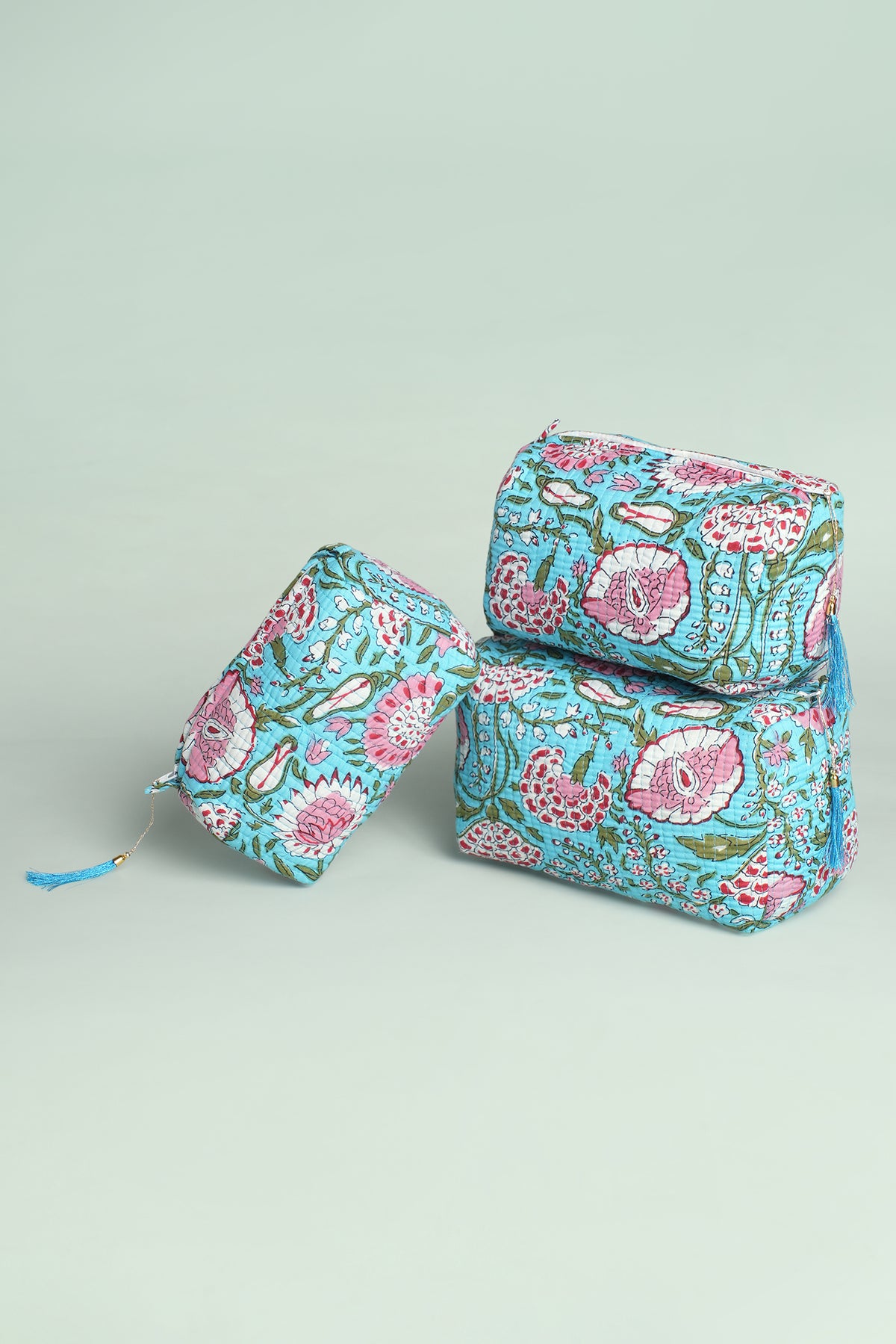 Aqua Floral Quilted Pouches (Set of 3)