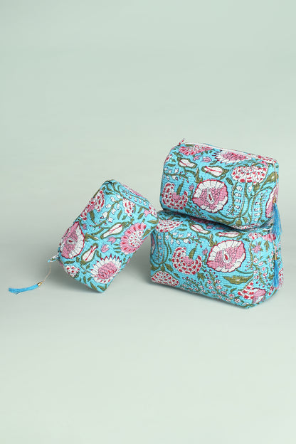 Aqua Floral Quilted Pouches (Set of 3)