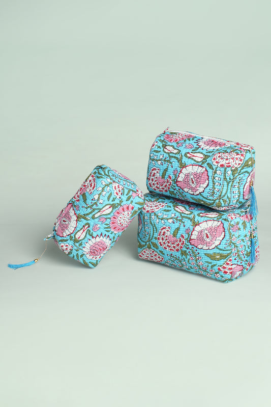 Aqua Floral Quilted Pouches (Set of 3)
