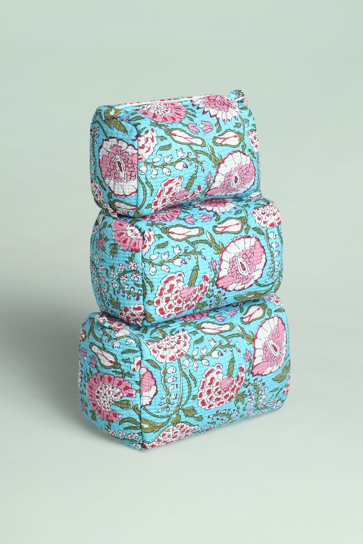 Aqua Floral Quilted Pouches (Set of 3)
