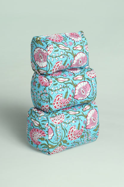 Aqua Floral Quilted Pouches (Set of 3)