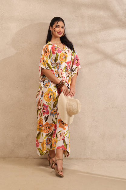 Ivory Bloom Kaftan Maxi Night Dress