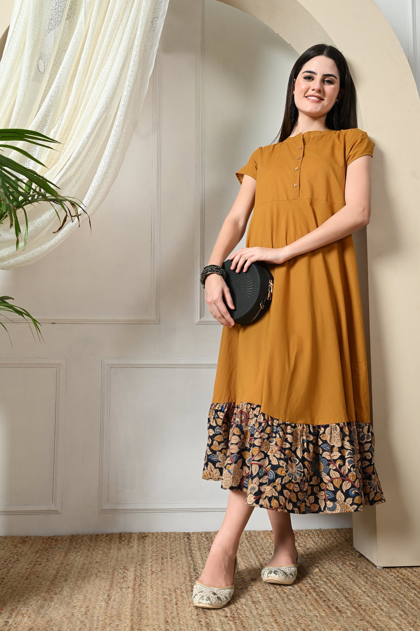 Mustard with Kalamkari Flared Dress