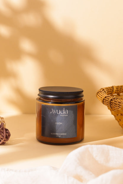 Oudh Scented Candle - Soy Wax | Amber Glass Jar - Ayuda Homes