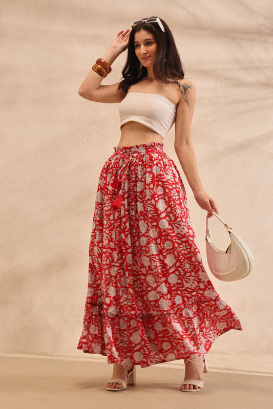 Ruby Botanical Tiered Maxi Skirt