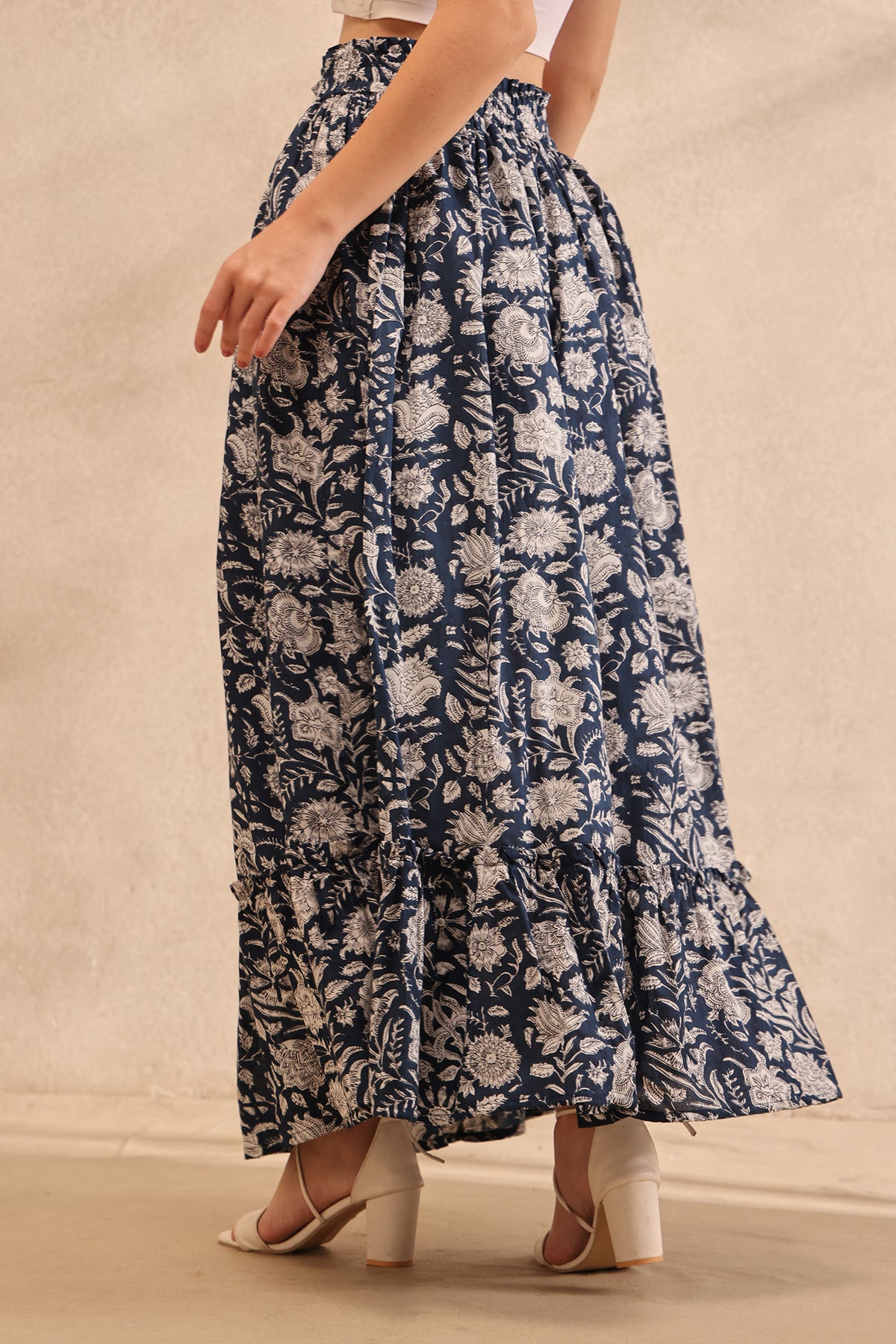 Indigo Botanical Tiered Maxi Skirt