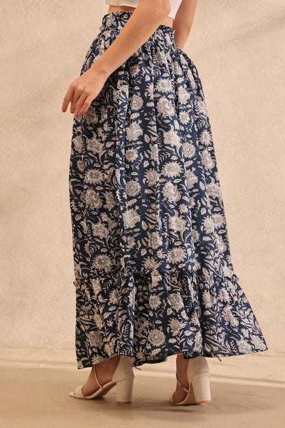 Indigo Botanical Tiered Maxi Skirt