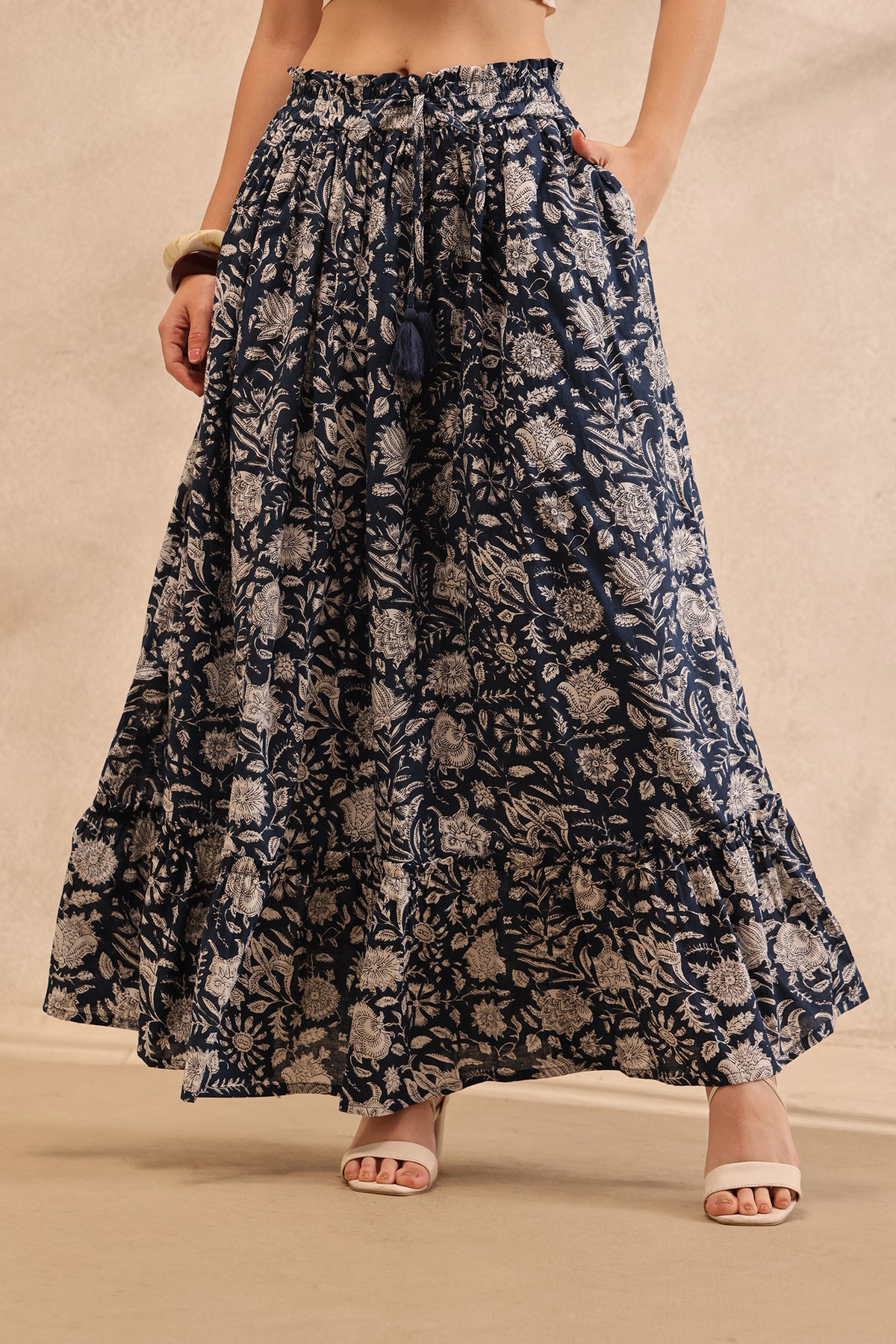 Indigo Botanical Tiered Maxi Skirt