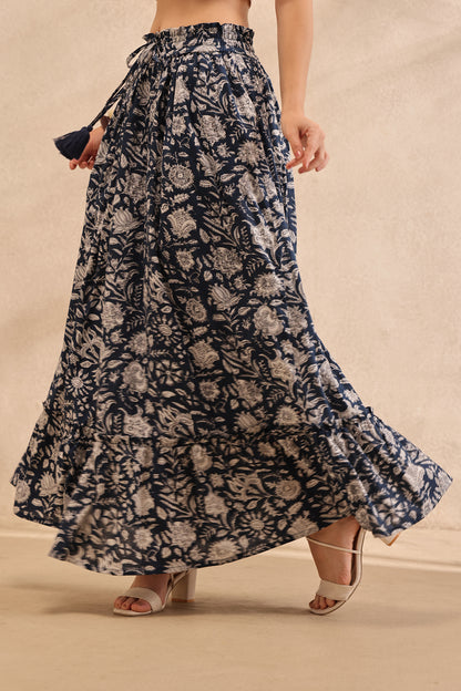 Indigo Botanical Tiered Maxi Skirt