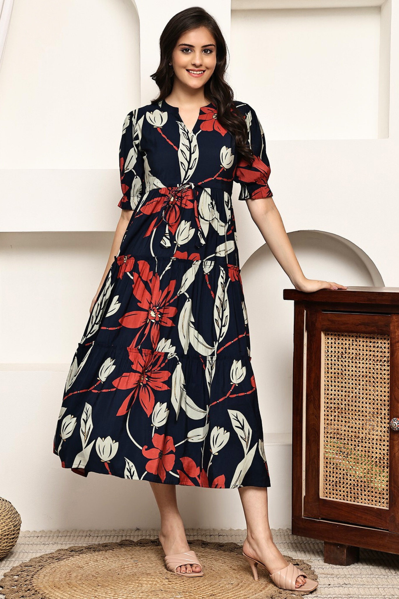 Scarlet Petals Midi Dress