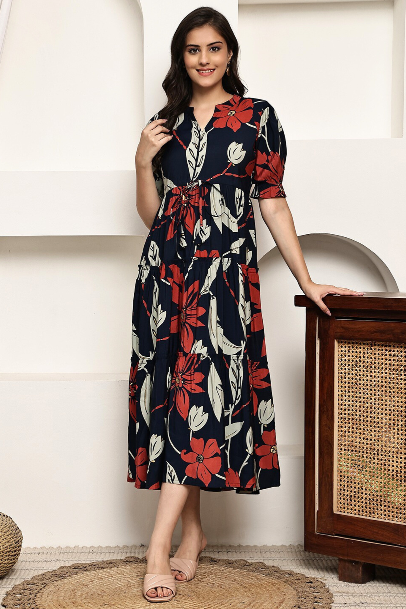 Scarlet Petals Midi Dress