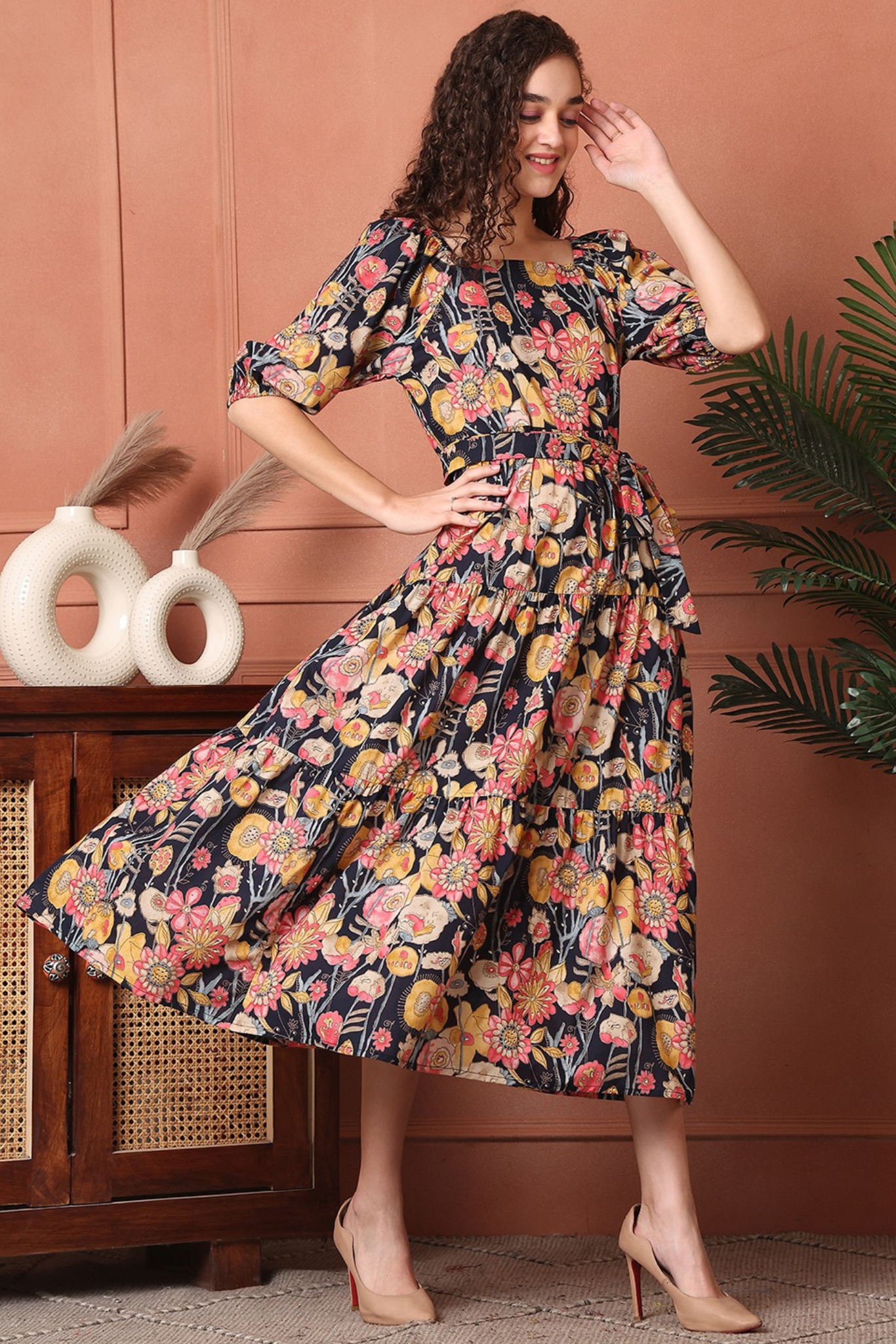 Vintage Blossom Midi Dress