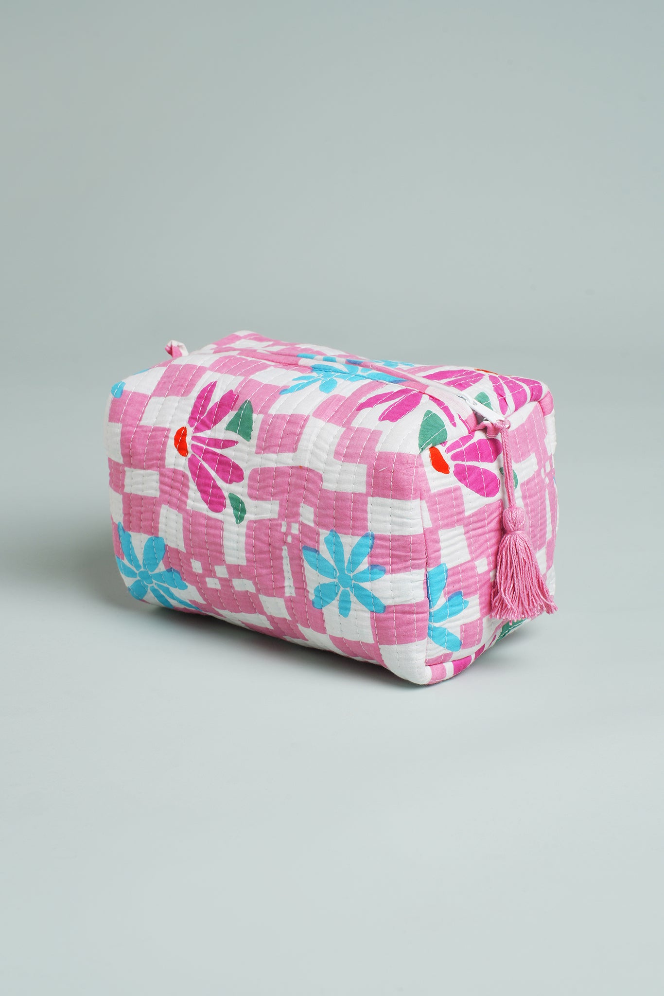 Pink Check Floral Quilted Pouches (Set of 3)