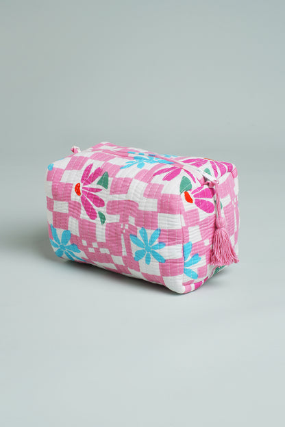 Pink Check Floral Quilted Pouches (Set of 3)