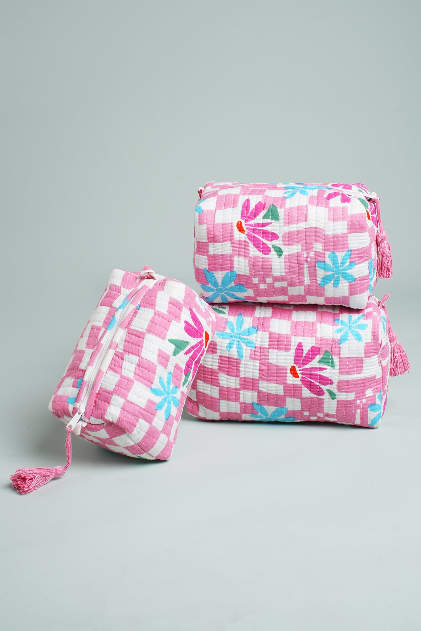 Pink Check Floral Quilted Pouches (Set of 3)