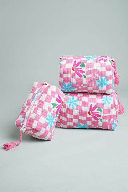 Pink Check Floral Quilted Pouches (Set of 3)