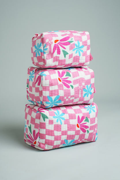 Pink Check Floral Quilted Pouches (Set of 3)