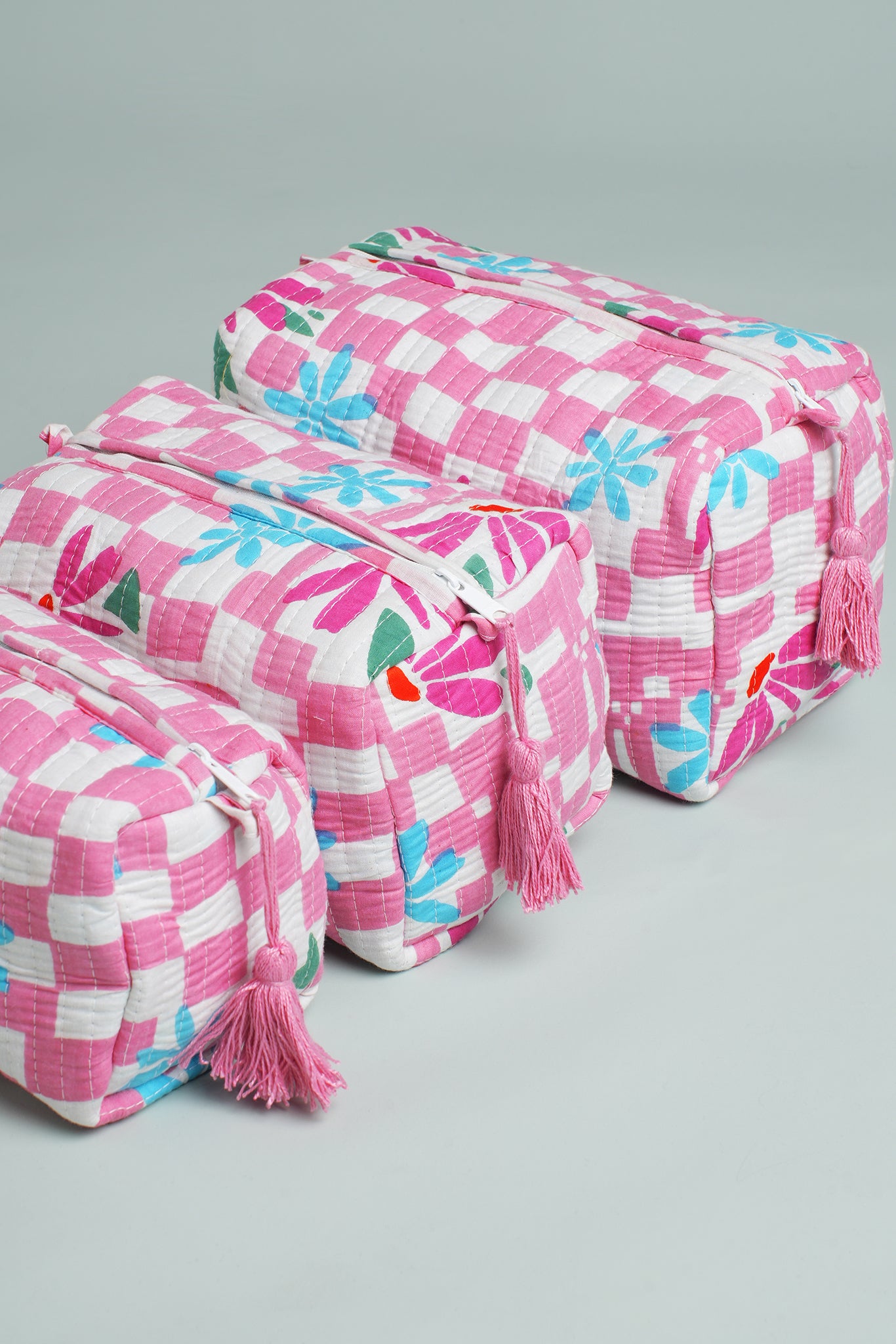 Pink Check Floral Quilted Pouches (Set of 3)