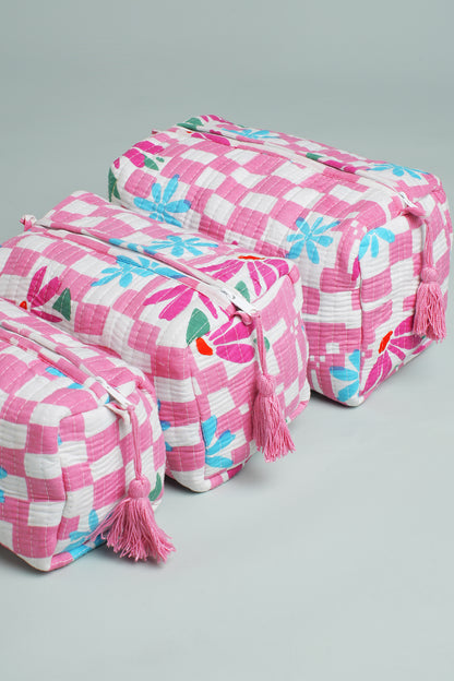 Pink Check Floral Quilted Pouches (Set of 3)