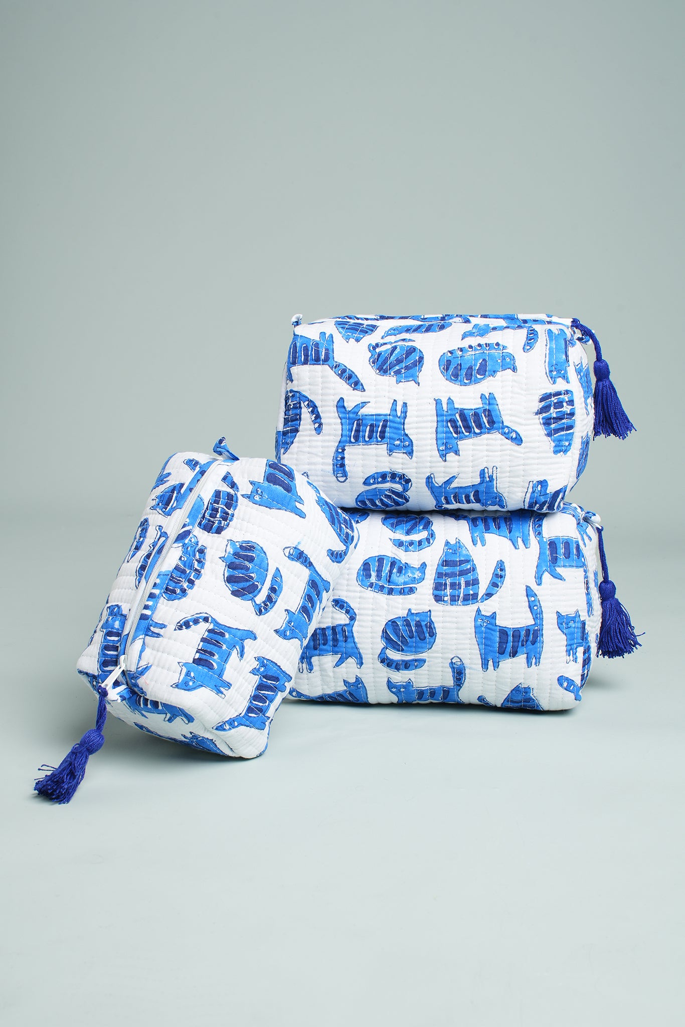 Blue Cat Quilted Pouches (Set of 3)