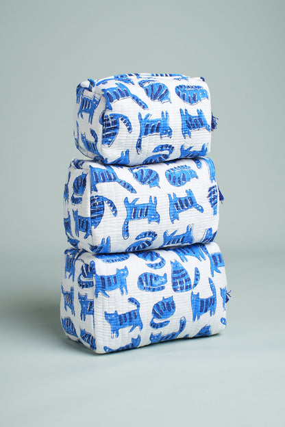 Blue Cat Quilted Pouches (Set of 3)