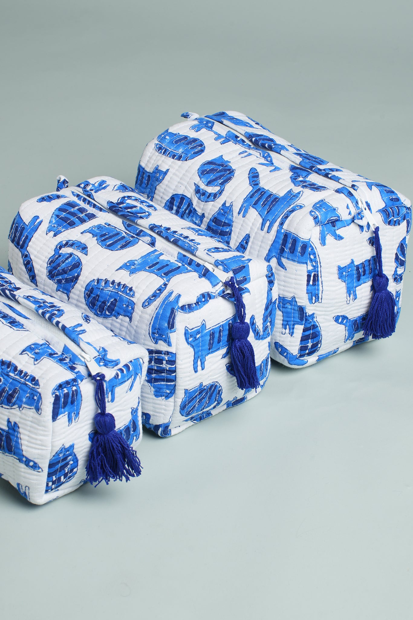 Blue Cat Quilted Pouches (Set of 3)