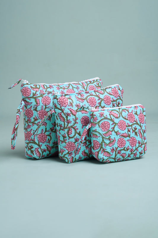 Aqua Blossom Quilted Cube Pouches (Set of 3)