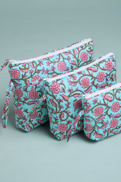 Aqua Blossom Quilted Cube Pouches (Set of 3)