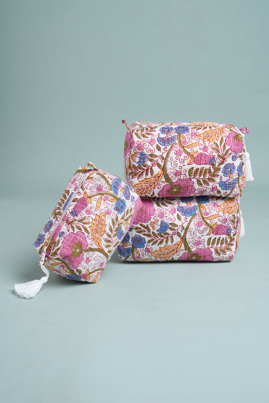 Pink Bloom Quilted Pouches (Set of 3)