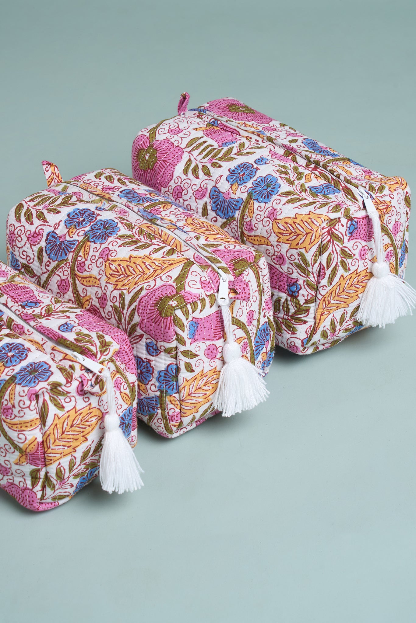 Pink Bloom Quilted Pouches (Set of 3)