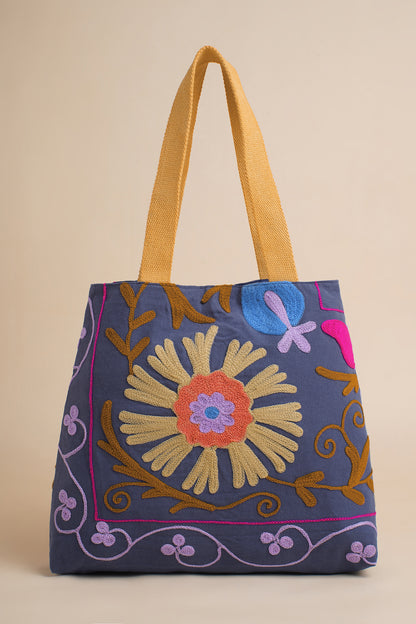 Indigo Sunshine Embroidered Tote  Bag - Desi Tassels
