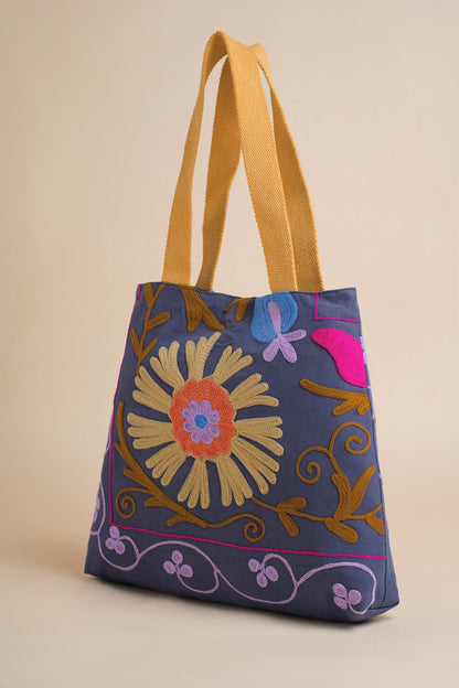 Indigo Sunshine Embroidered Tote  Bag - Desi Tassels