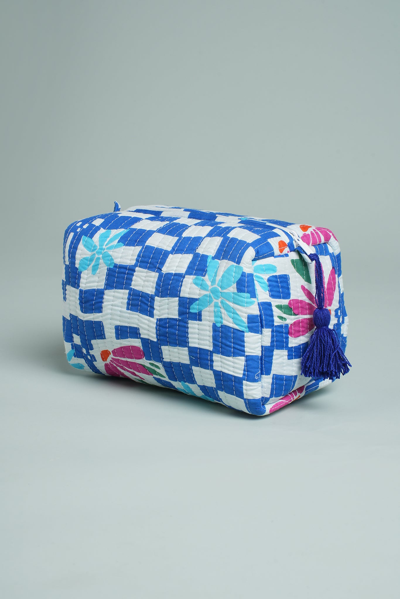 Blue Check Floral Quilted Pouches (Set of 3)