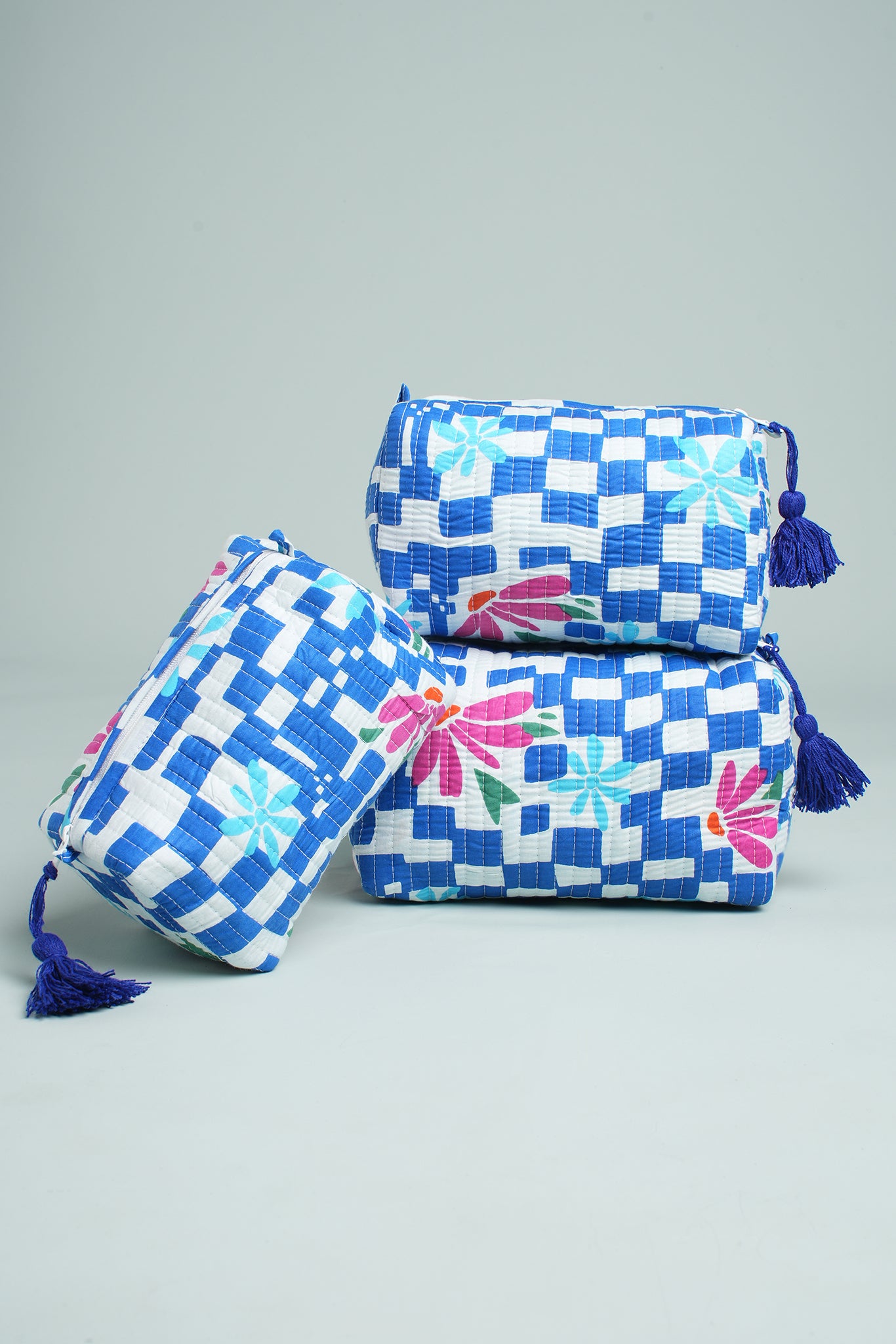 Blue Check Floral Quilted Pouches (Set of 3)