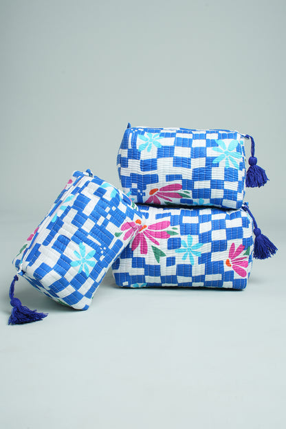 Blue Check Floral Quilted Pouches (Set of 3)
