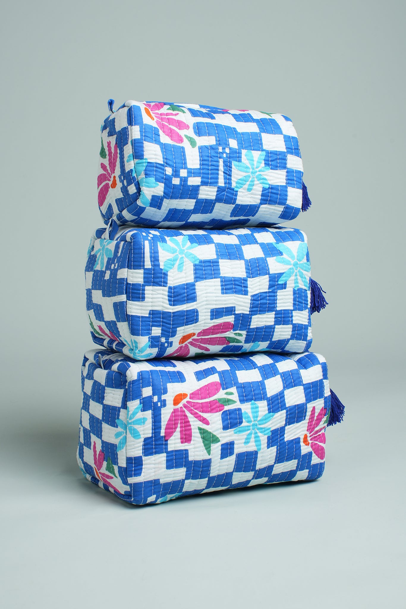 Blue Check Floral Quilted Pouches (Set of 3)