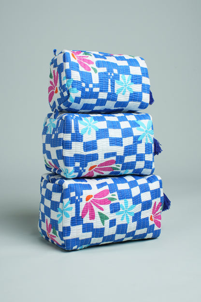 Blue Check Floral Quilted Pouches (Set of 3)