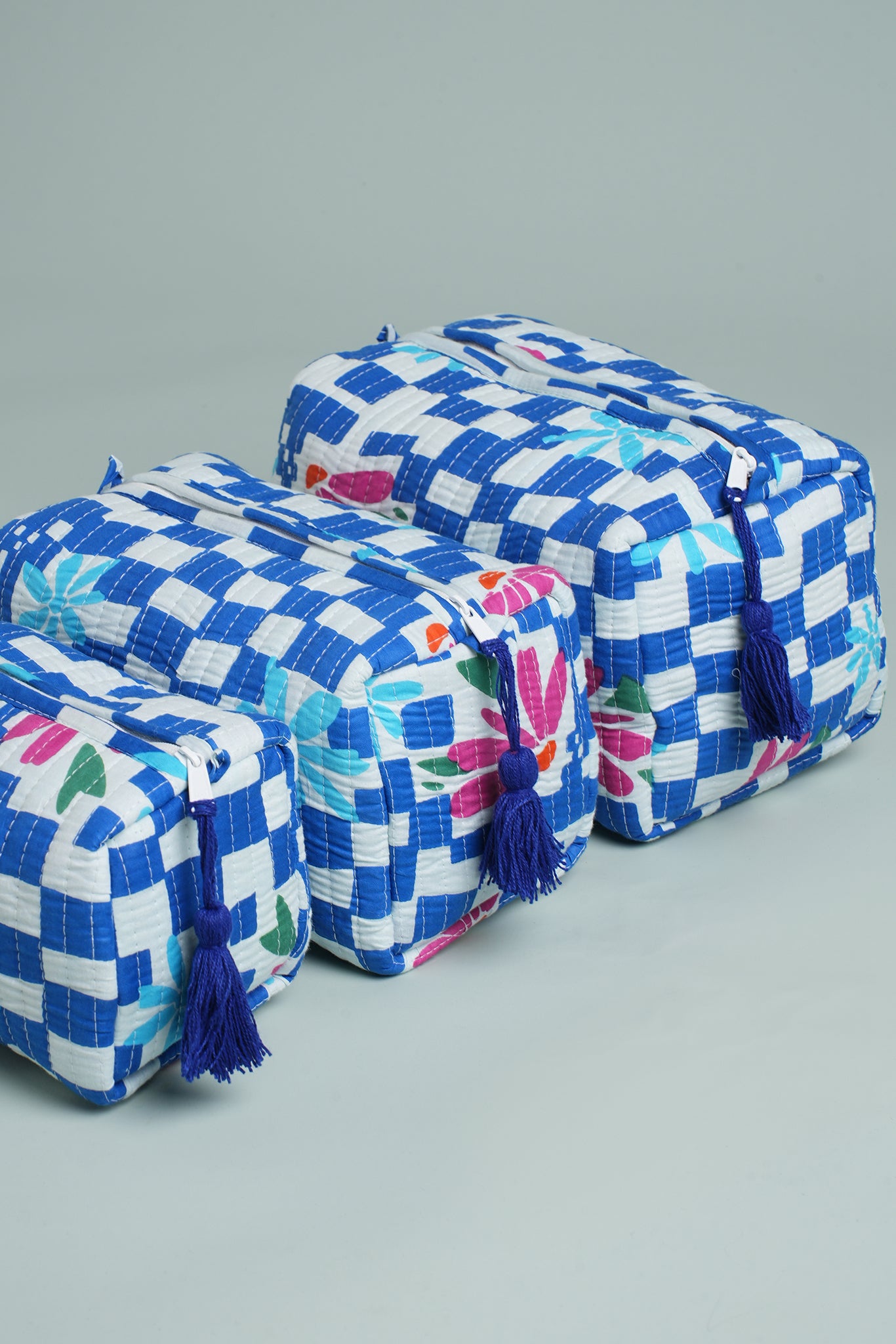 Blue Check Floral Quilted Pouches (Set of 3)
