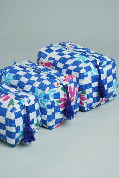 Blue Check Floral Quilted Pouches (Set of 3)