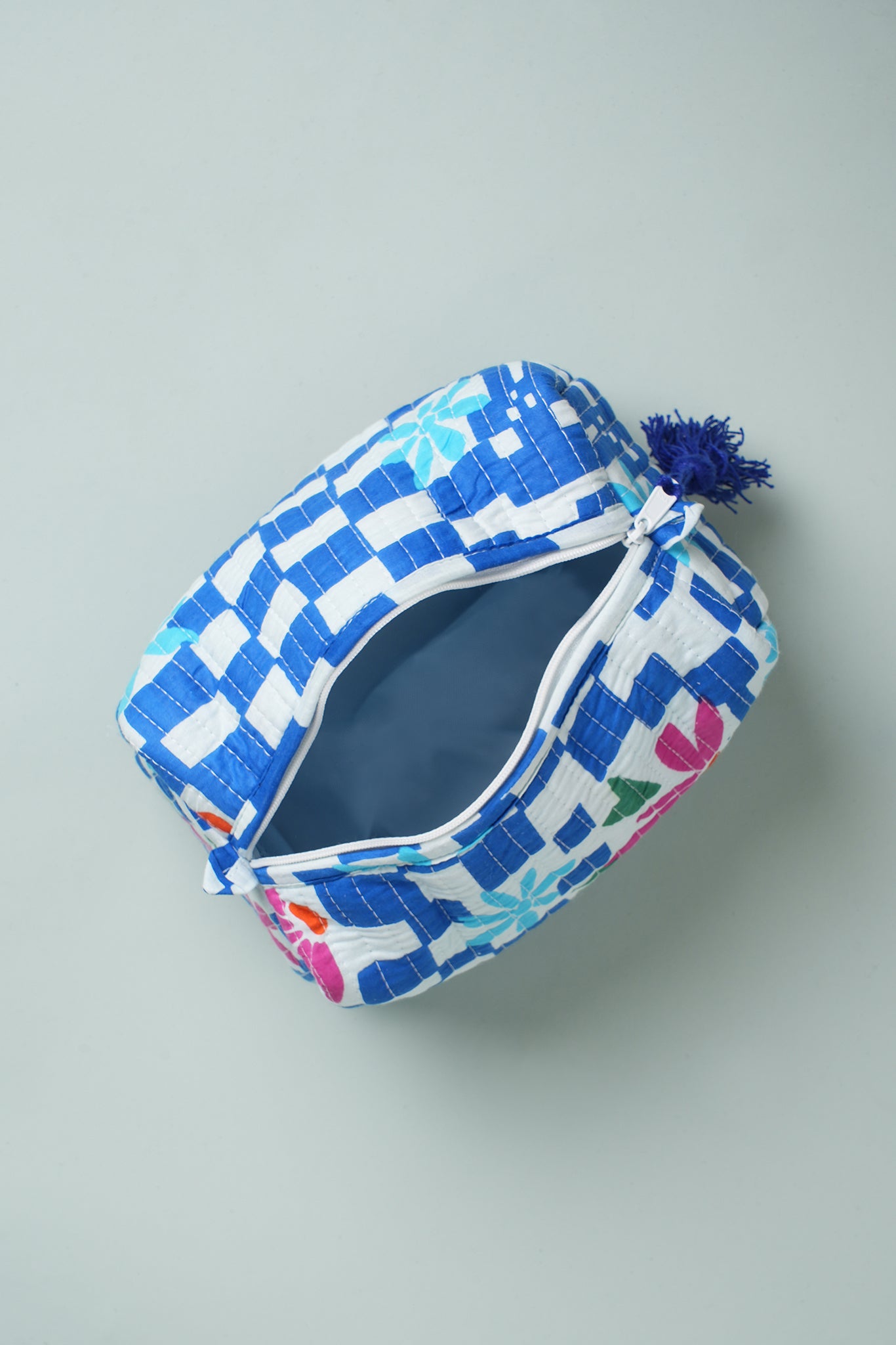 Blue Check Floral Quilted Pouches (Set of 3)