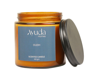 Oudh Scented Candle - Soy Wax | Amber Glass Jar - Ayuda Homes