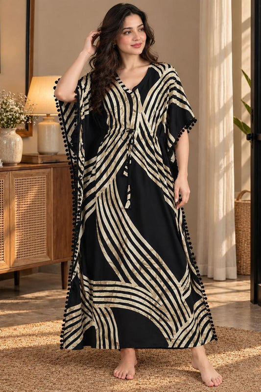 Monochrome Maze Kaftan Maxi Night Dress