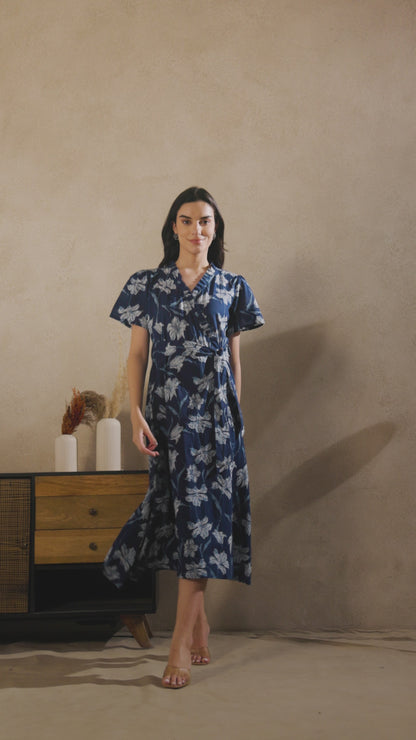 Indigo Floral Wrap Dress